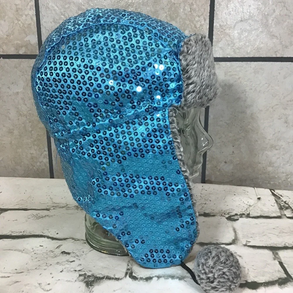 Blue Sequined Trapper‎ Cap Girls OSFM Youth 6-16Yrs Hat Warm Winter